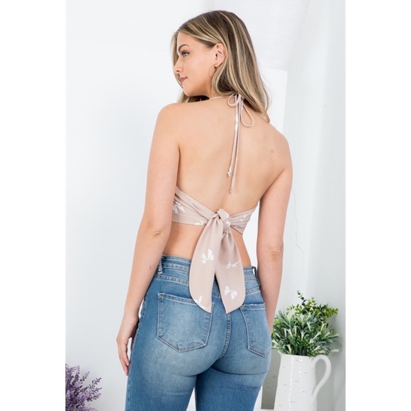 Flirty Taupe Handkerchief Triangle Crop Top Tie Back - Picture 3 of 15